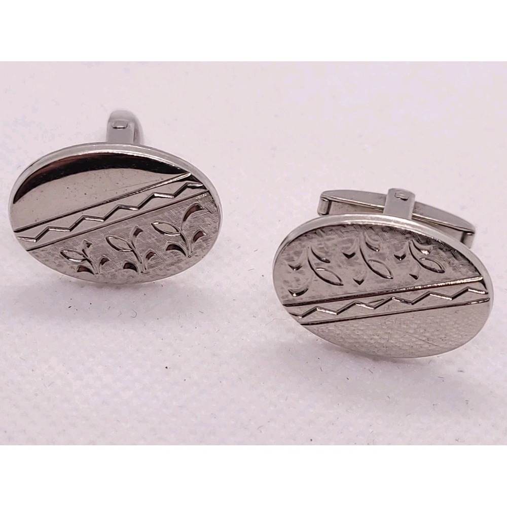 Vintage Foster Silver Tone Oval Cufflinks Engraved Geometric Leaf Men's